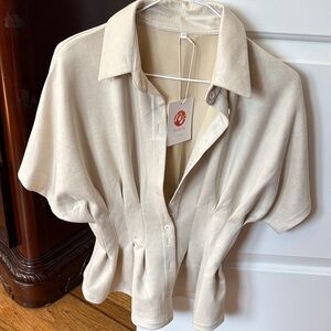 Beige Short-Sleeve Button-Up Blouse